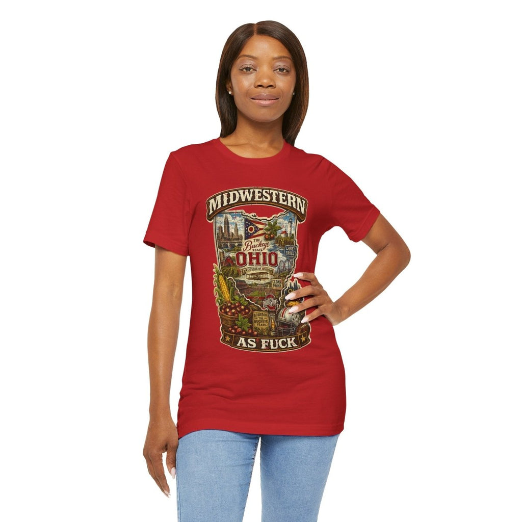 Woman in the Red Ohio Midwestern As Fuck tee, hand on her hip