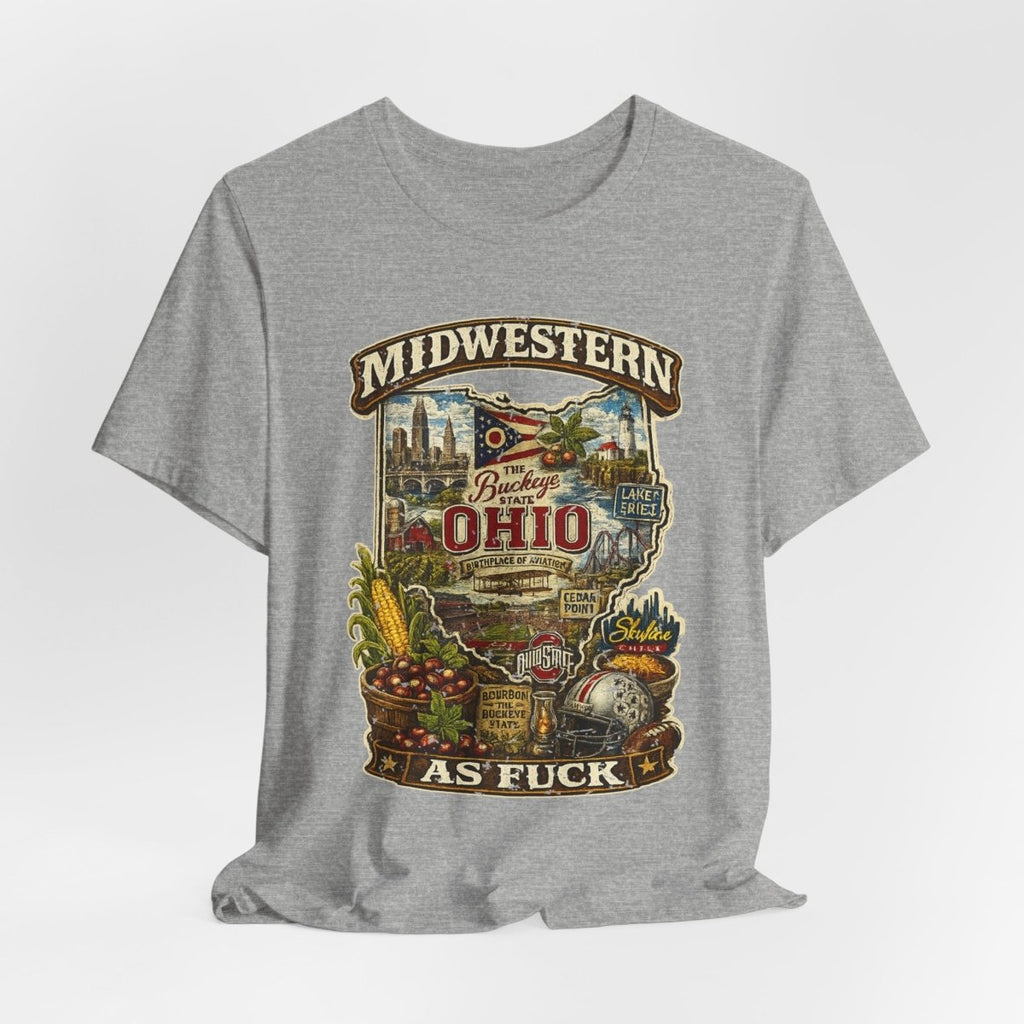Athletic Heather Ohio Midwestern As Fuck tee draped loosely, front print showing