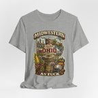 Athletic Heather Ohio Midwestern As Fuck tee draped loosely, front print showing