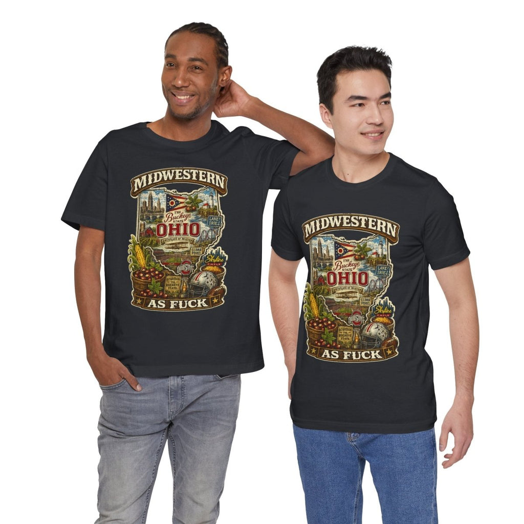 Two men side by side in Black Ohio Midwestern As Fuck tees, front prints showing