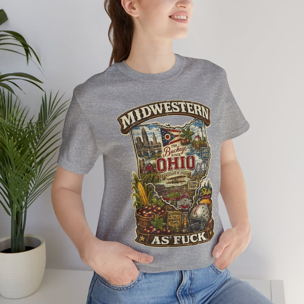 Woman by a plant in the Athletic Heather Ohio Midwestern As Fuck tee