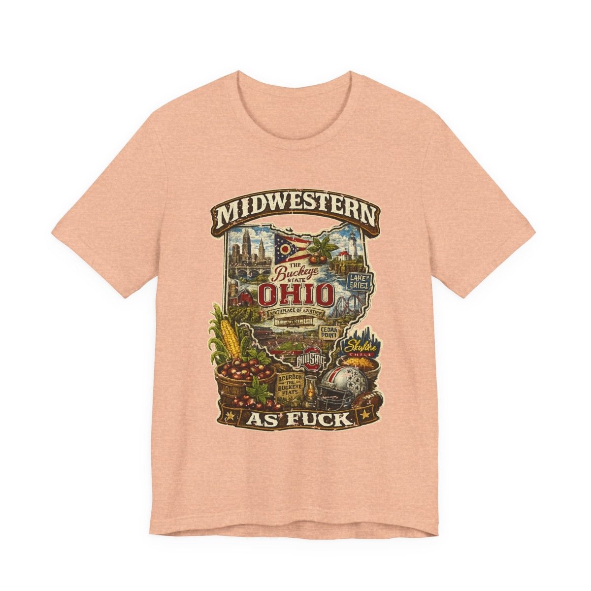 Heather Peach Ohio Midwestern As Fuck tee laid flat with the Ohio farm-scene print