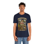 Man in the Navy Ohio Midwestern As Fuck tee, front print showing