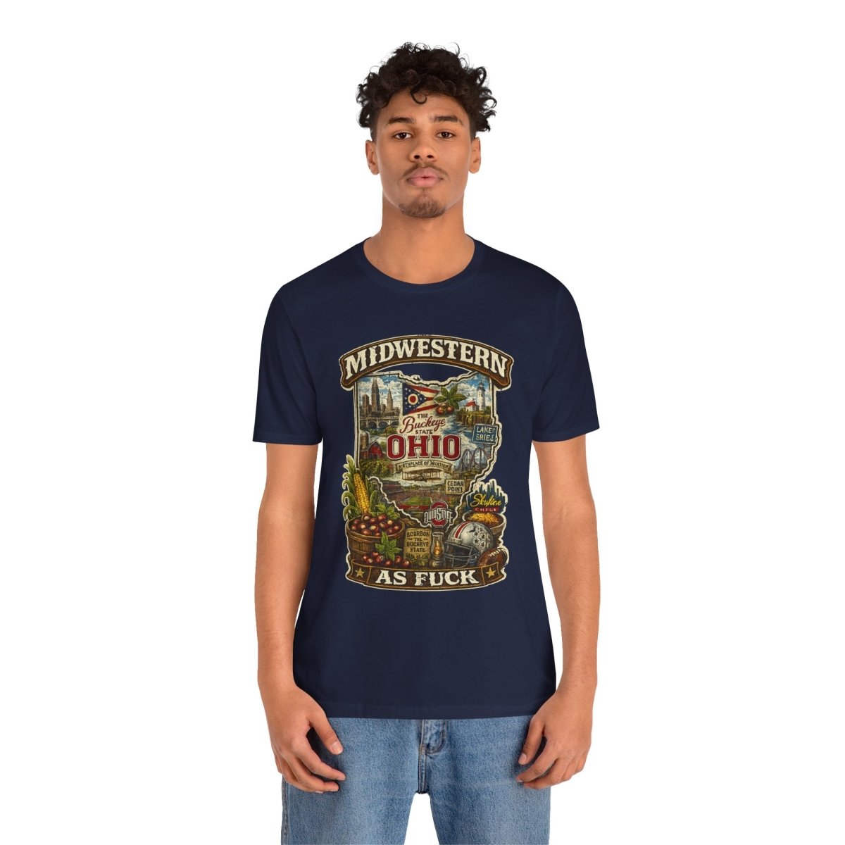 Man in the Navy Ohio Midwestern As Fuck tee, front print showing