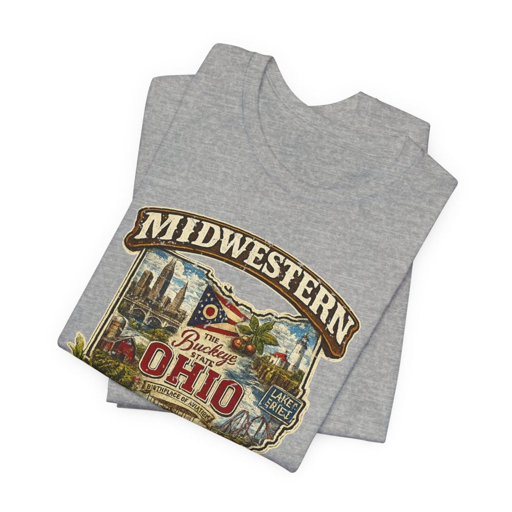 Athletic Heather Ohio Midwestern As Fuck tee folded in a stack, front graphic on top