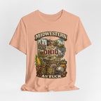 Heather Peach Ohio Midwestern As Fuck tee draped and rumpled, front print showing