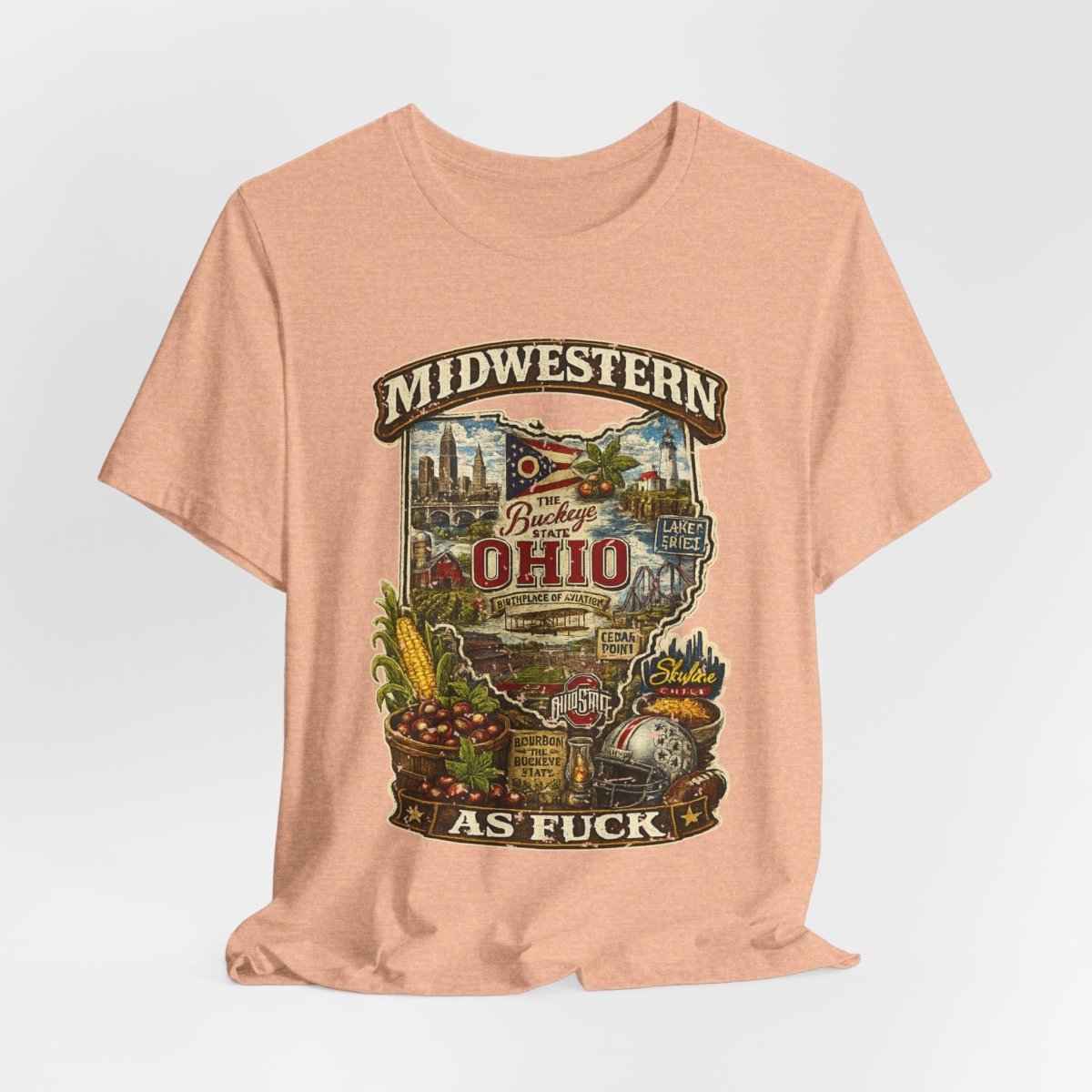 Heather Peach Ohio Midwestern As Fuck tee draped and rumpled, front print showing
