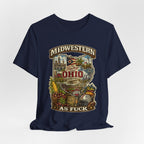 Navy Ohio Midwestern As Fuck tee draped flat, Buckeye State front print showing