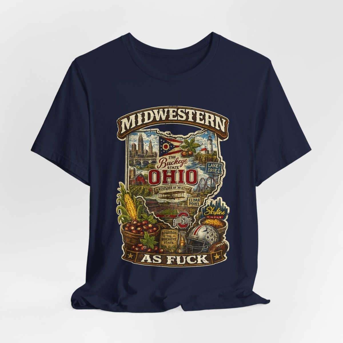 Navy Ohio Midwestern As Fuck tee draped flat, Buckeye State front print showing