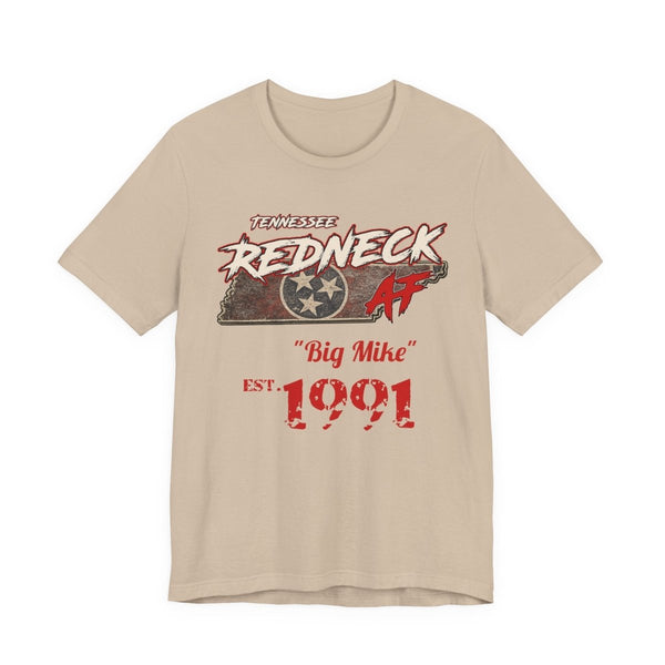 Personalized Redneck AF Tennessee tee in Tan, flat lay with the state map, custom nickname and est. year