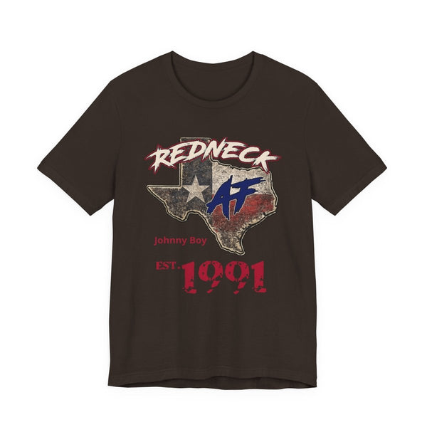 Personalized Redneck AF Texas tee in Brown, flat lay with the Texas map, custom name and est. year
